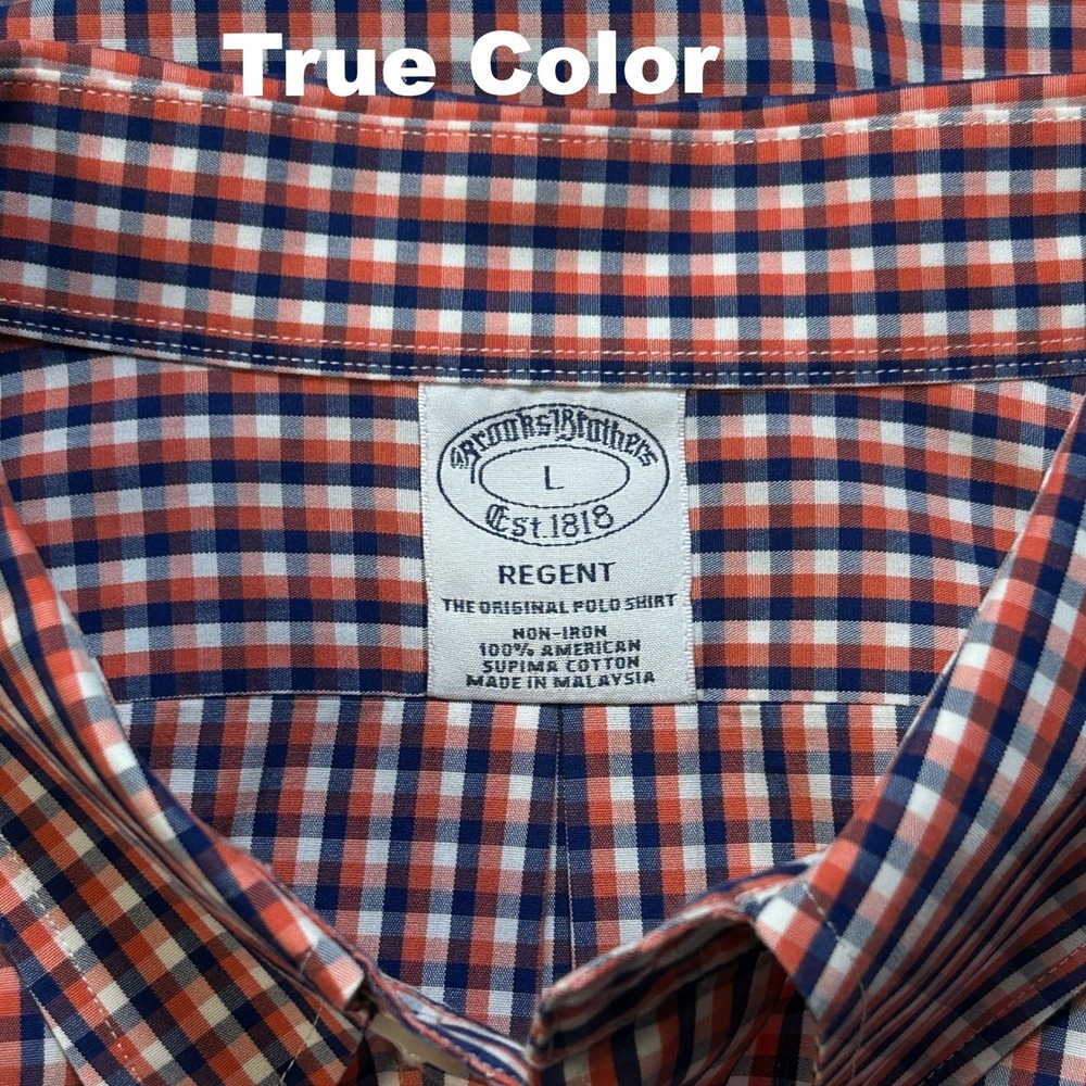 Brooks Brothers Regent Shirt Mens L Non Iron Gingham Orange Blue Supima Cotton - Picture 2 of 9